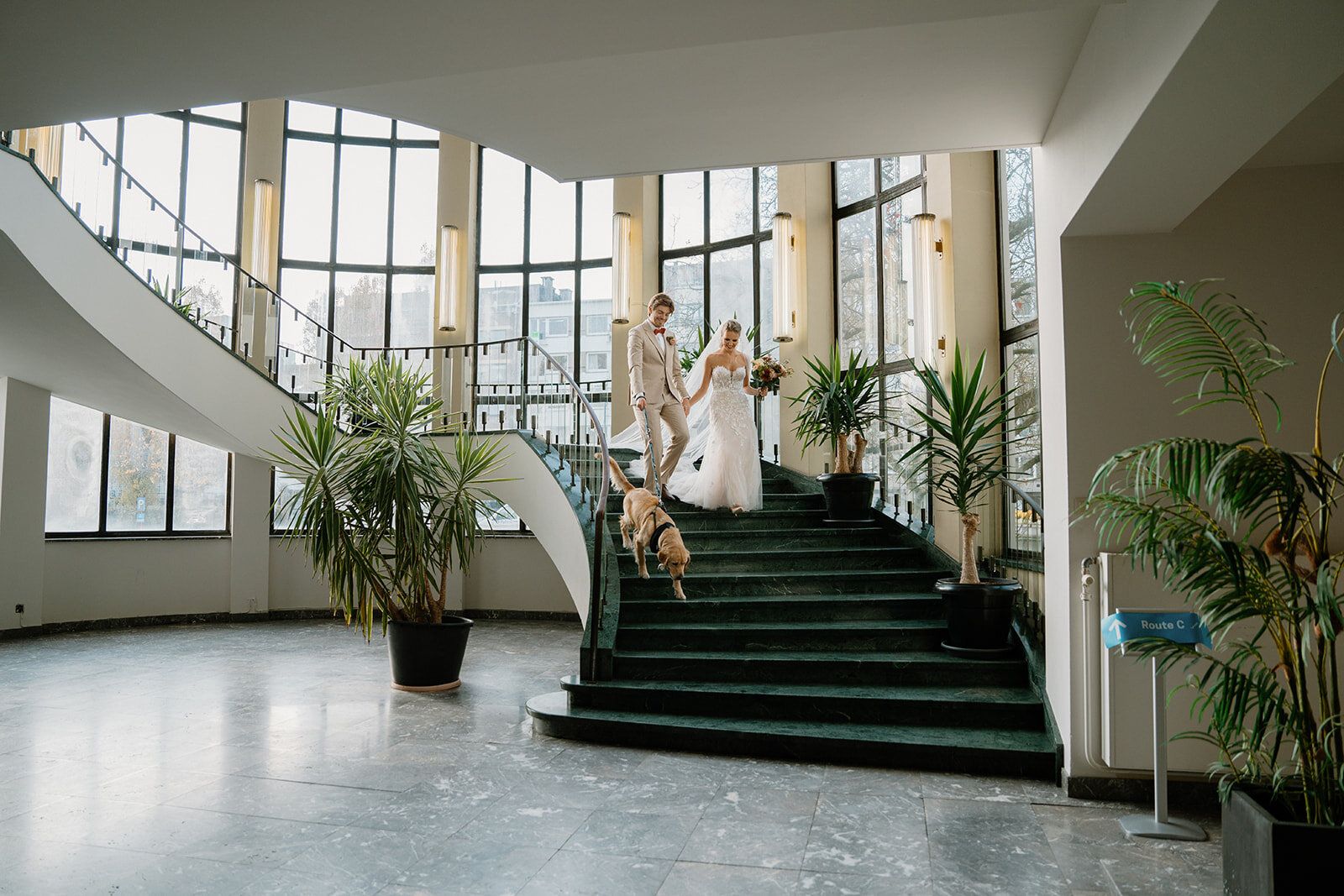 Le couple descend un escalier en marbre vert, leur chien devant eux